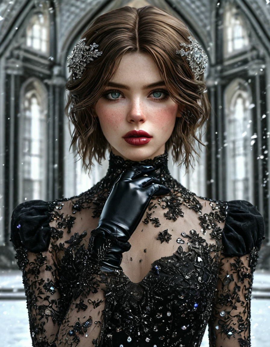 the girl is a brunette with short hair, she has square brown hair just above her shoulders, she is dressed in a black dress, scarlet burgundy bright lips, gray-green eyes, she is dressed in a black &hellip;