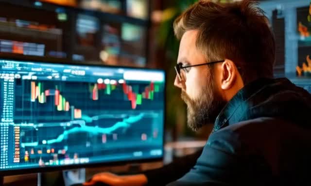 инвестор смотрит на график на ноутбуке, удивленное выражение лица