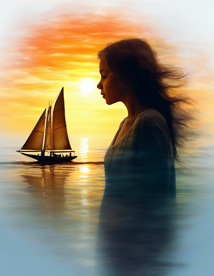 girl, sailboat, scorching sun, pastel drawing, diamond painting, digital art, double exposure, layering, grisaille, blur, movement, unreal, ghostly, mysterious, high detail, swirls of colors
