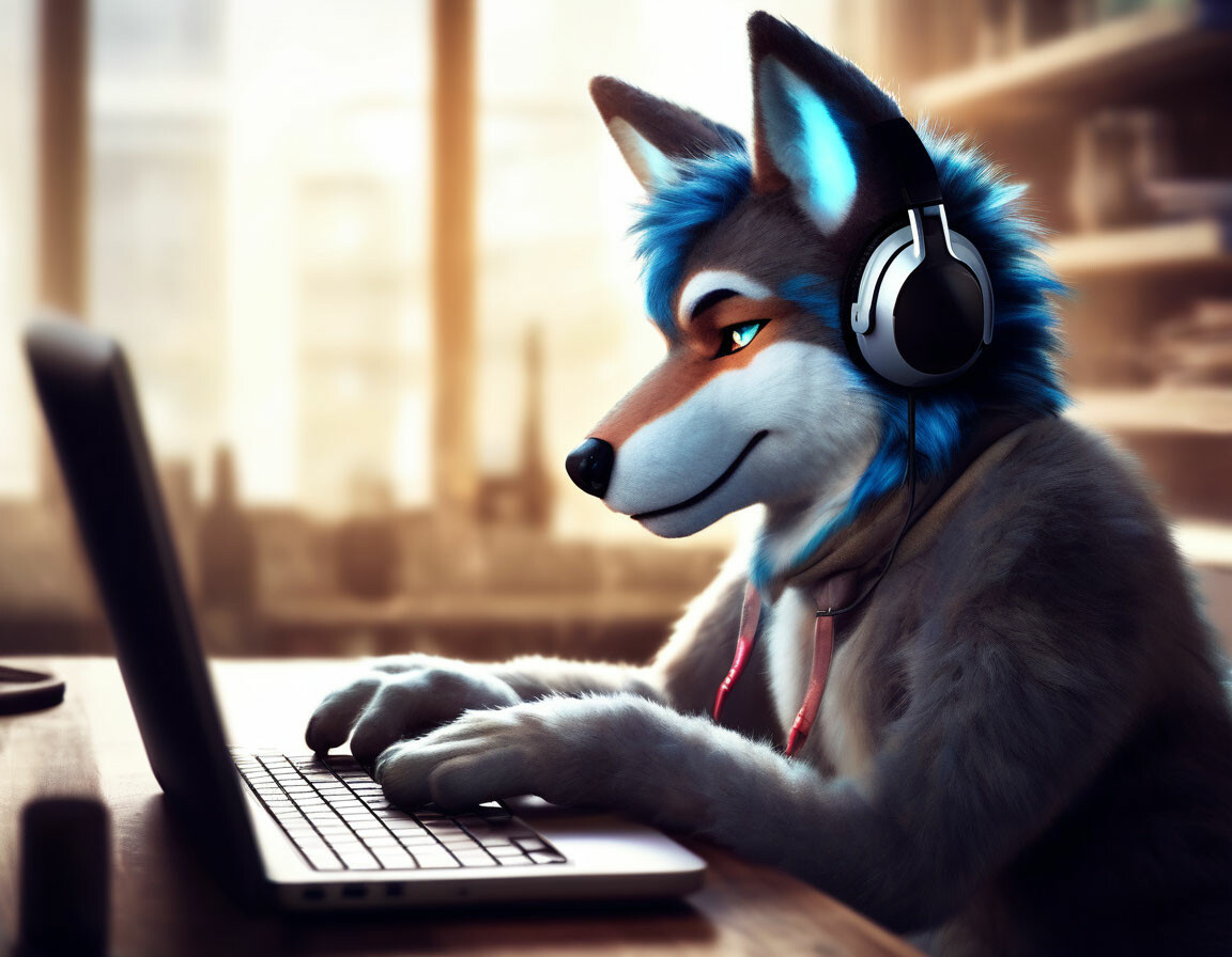 "Furry wolf with headphones is sitting…" — image created in Shedevrum