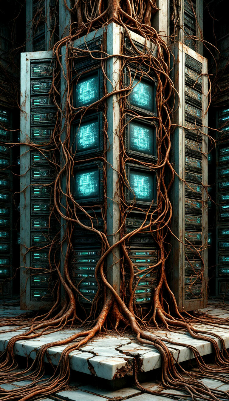 A techno-art composition of old servers and wires: rusty server racks ...