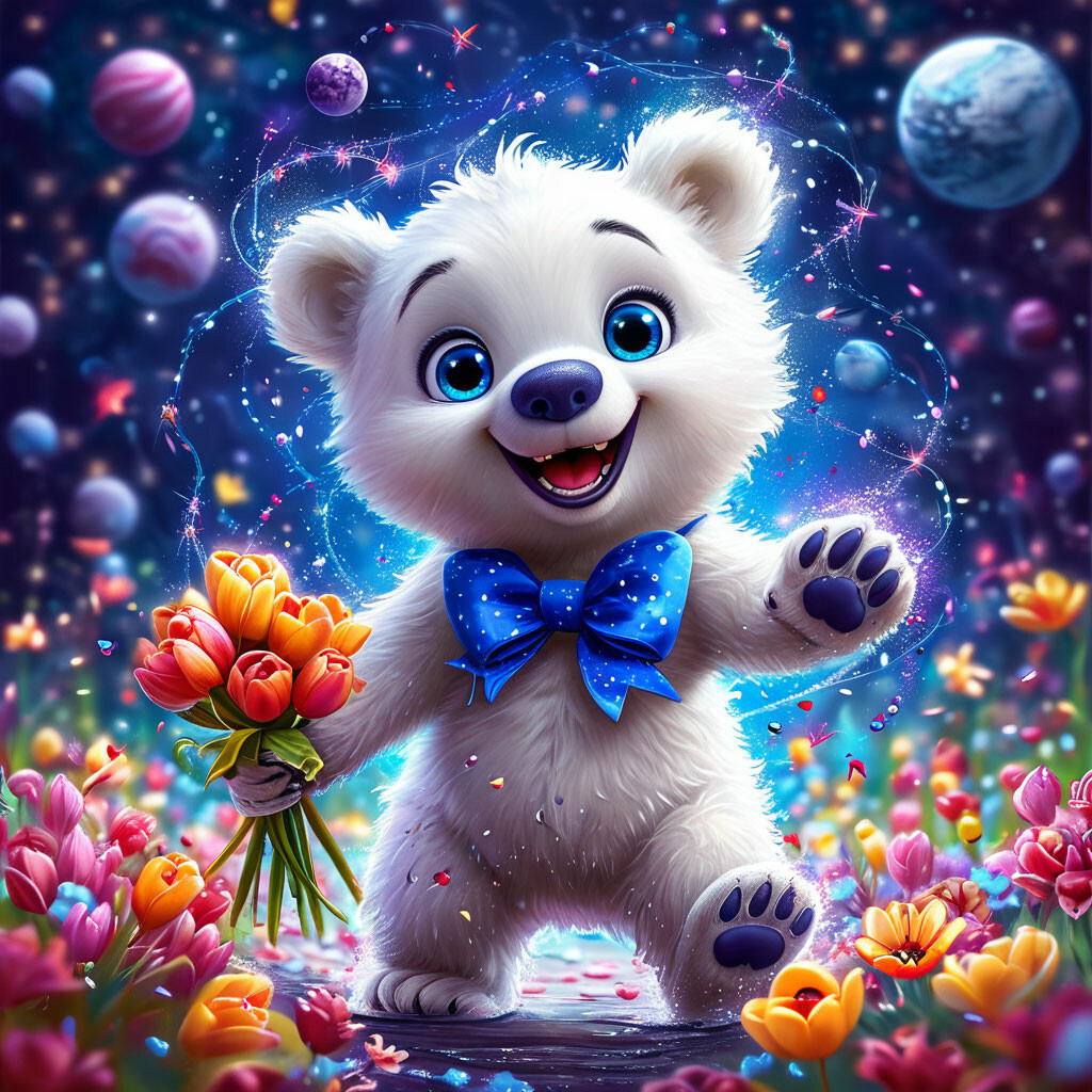 "Cute cartoon polar bear cub with a big blue polka dot bow in the ...