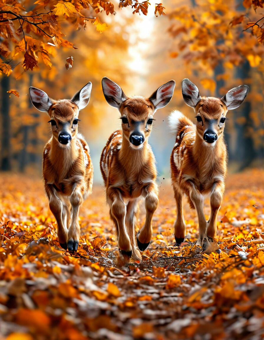 3 cute fawns are running in the autumn forest
