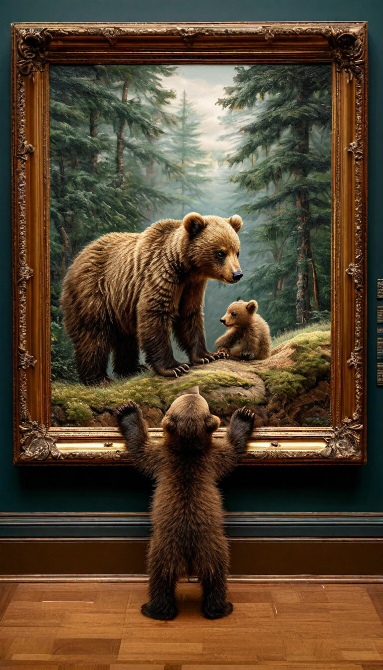 the hall in the museum. On the wall there is a large painting of a bear ...
