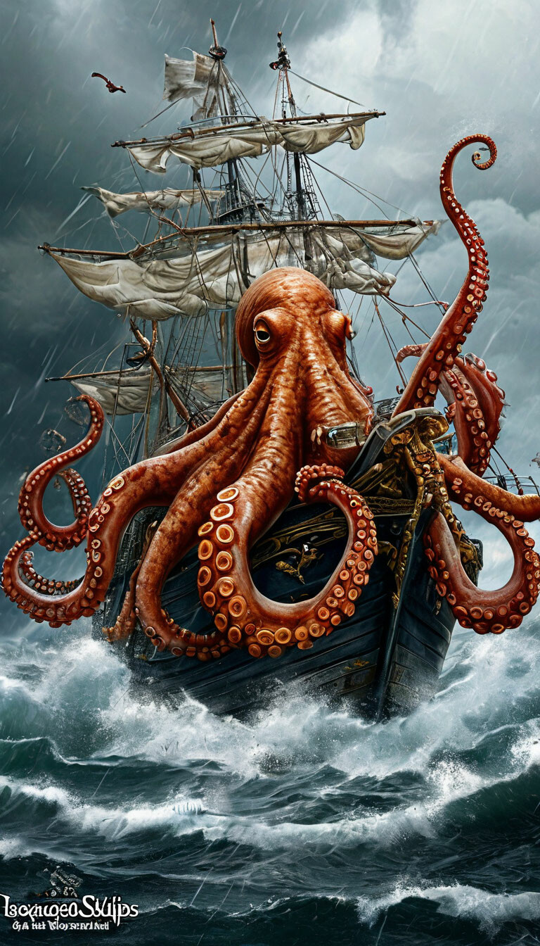 ship, storm, octopus