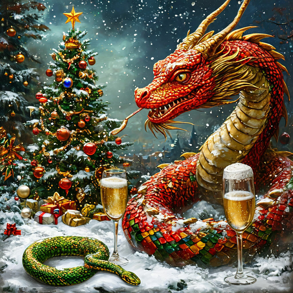 last Sunday of the year. New Year&#39;s rush. snowfall. a green and gold snake near the Christmas tree, glasses with sparkling champagne. The red and gold dragon flies away to the stars. abstraction