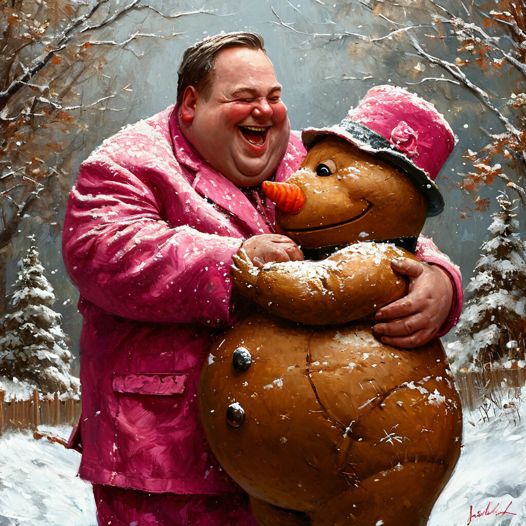 огромный толстый мужчина в розовом костюме смеётся и обнимает толстого коричневого снеговика.