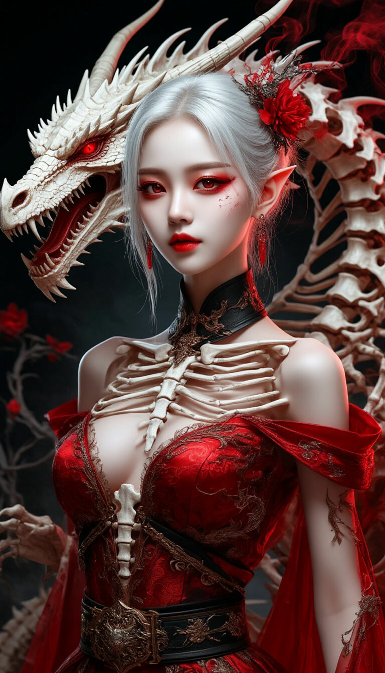 девушка manhua, realistic, маленький дракон из костей,cinematic, пояс, red smoke, драконий скелетик,dark fantasy, handsome Asian woman, высокомерная улыбка крутая, ruler of demons, delicate facial …