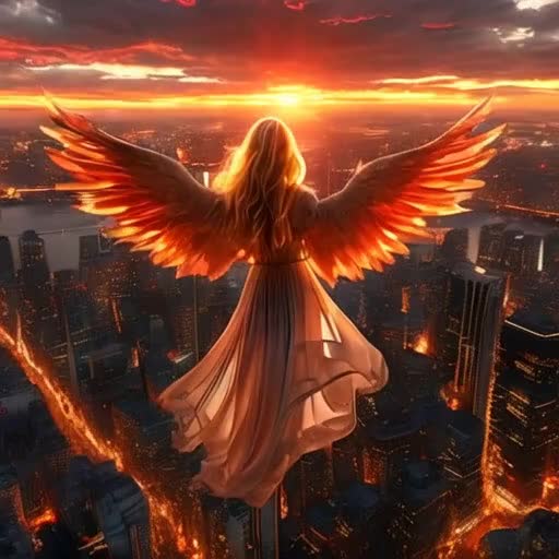 «A blonde angel girl flaps her wings, flies high above the city ...