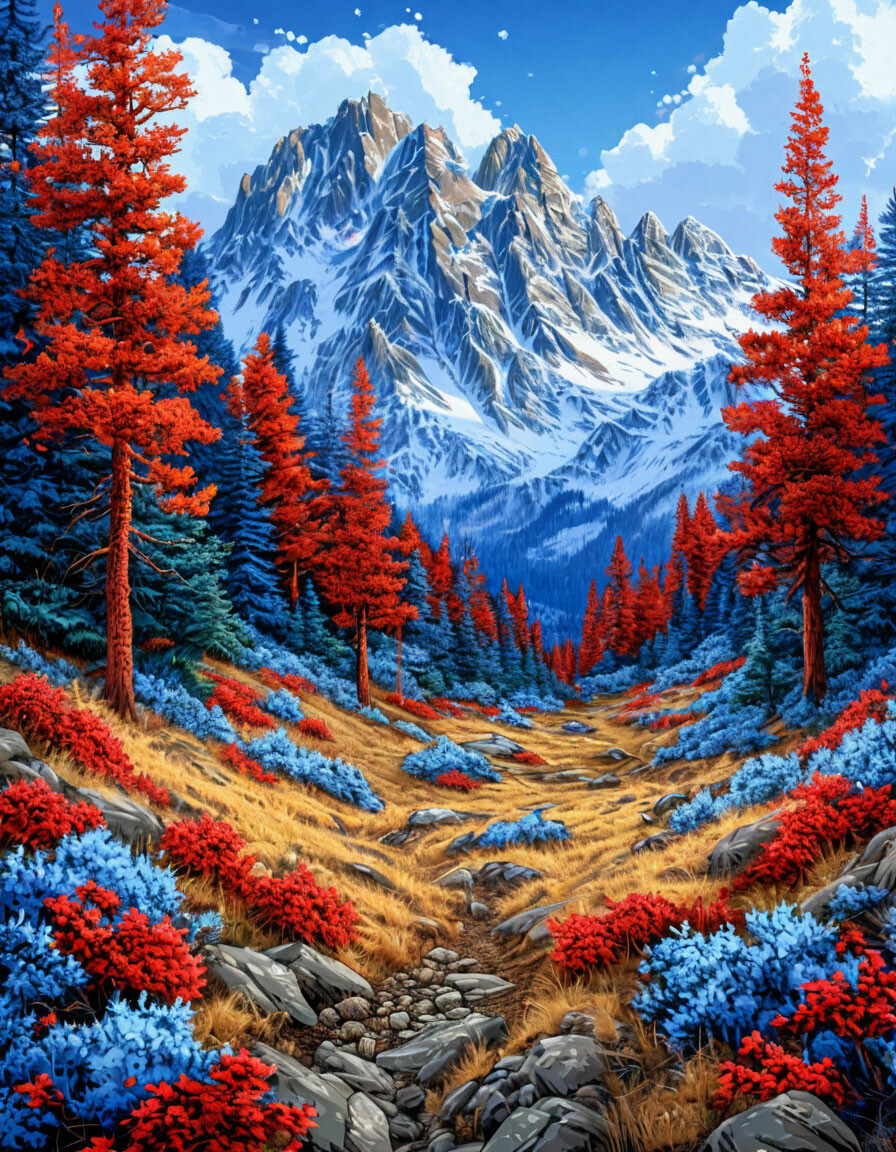 The mountain slopes are overgrown with fantastic blue grass and red fir trees.