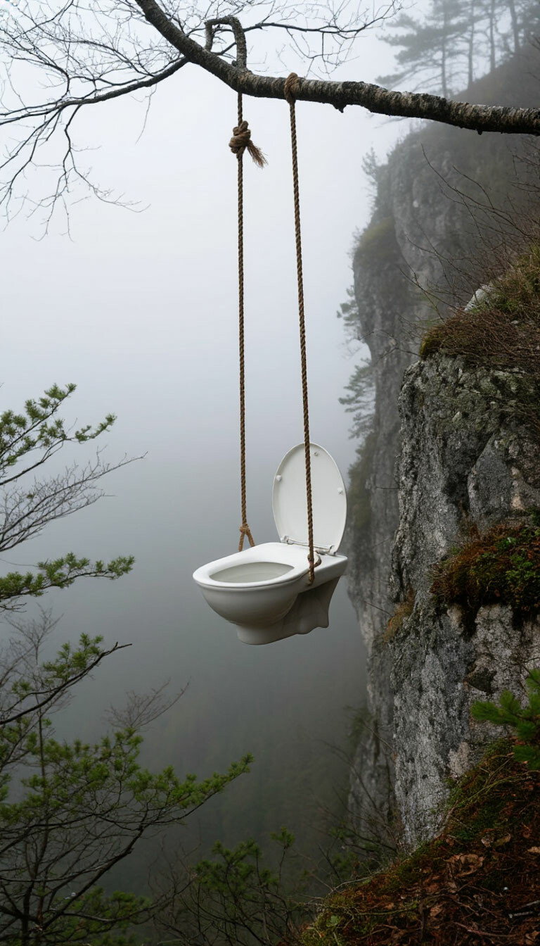 минимализм эстетика природа,на ветке висит унитаз качели на веревке туман обрыв