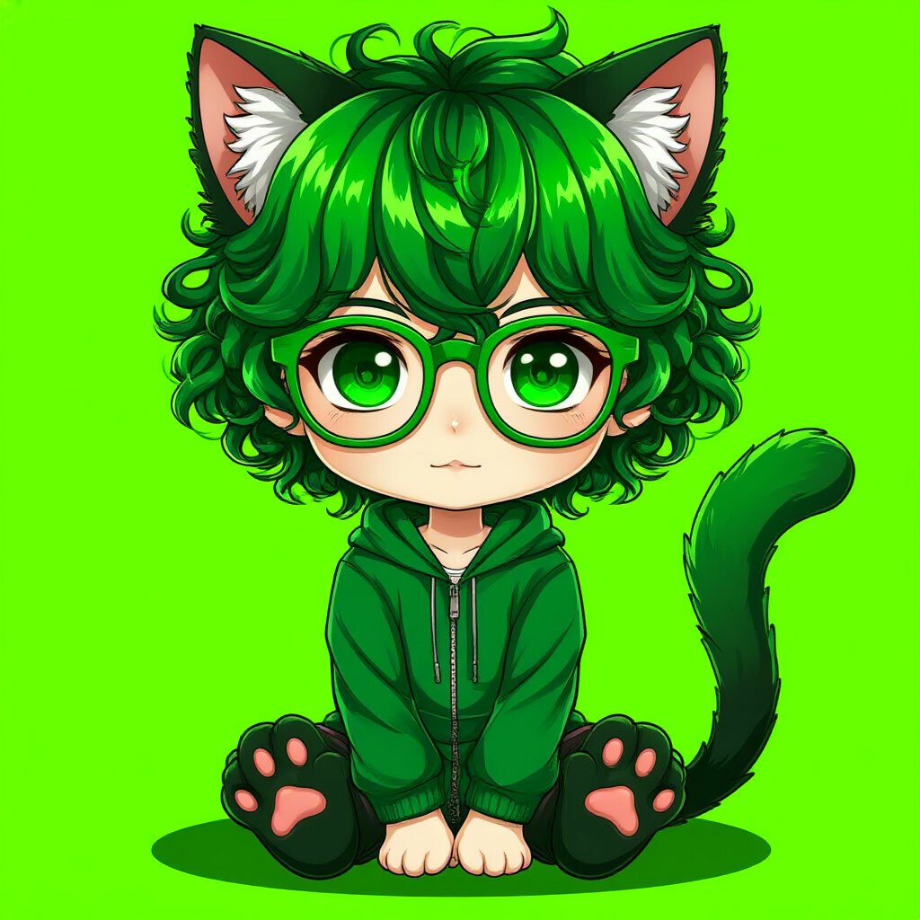 "Meow anime Chibi boy in green clothes curly green hair with cat ears ...