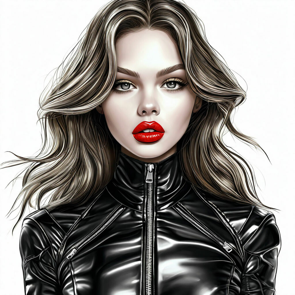 girl Angelina Polikarpova in a leather suit, red lips, line graphics in bla...