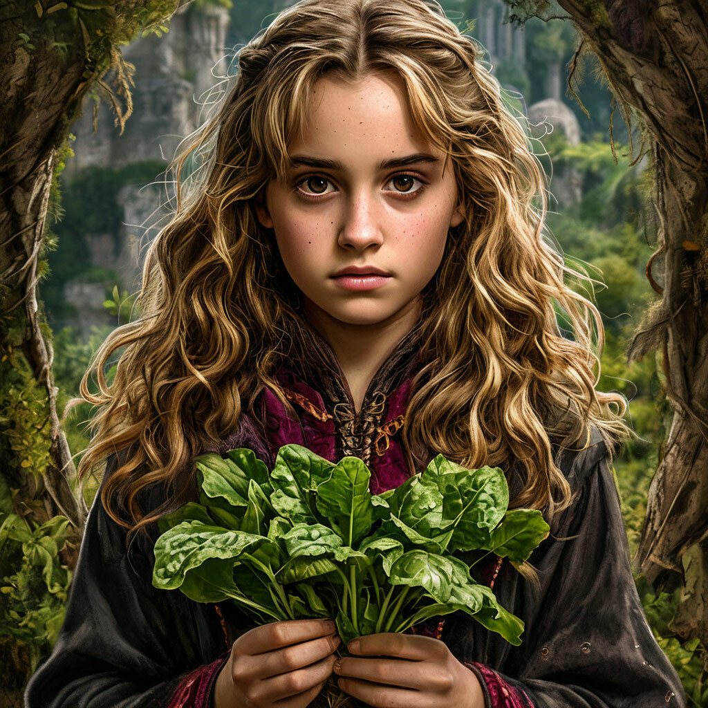 Гермиона Грейнджер с щавелем в руках" - картинка создана в Шедевруме.