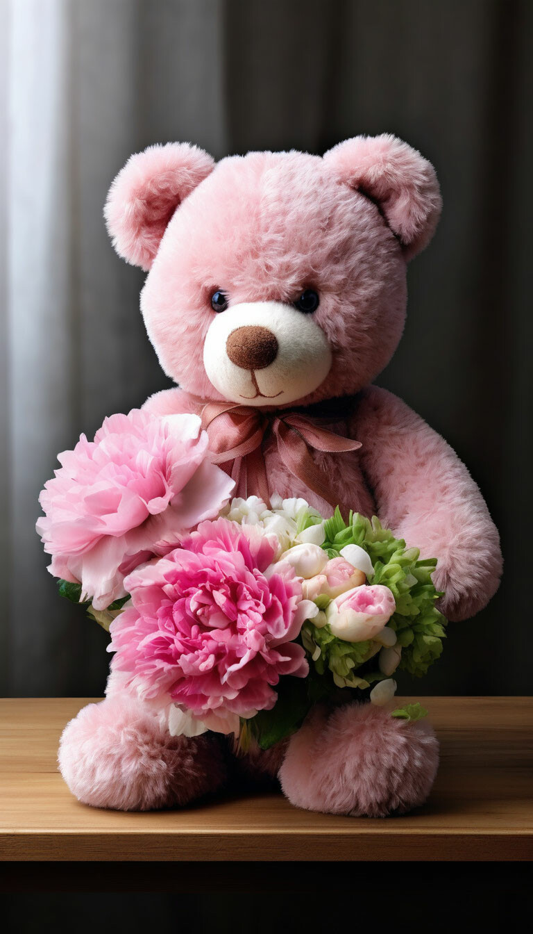 teddy-bear-hugs-a-bouquet-of-flowers-from-above-image-created-in