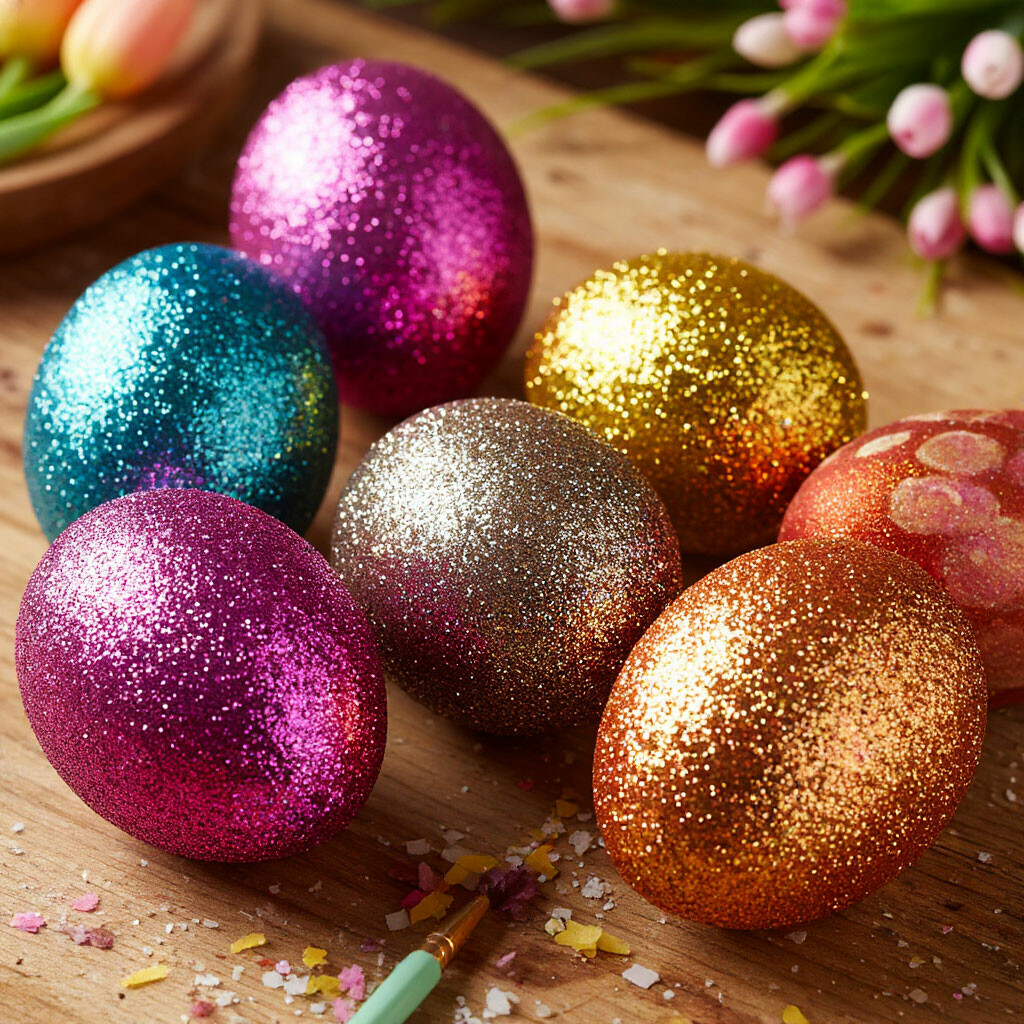 Материалы для декора пасхальных яиц: блёстки, клей, скотч