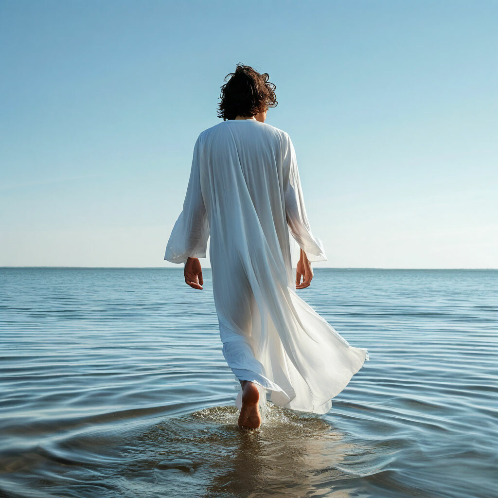 "A man in long white clothes walks on the water. a clear horizon. He ...