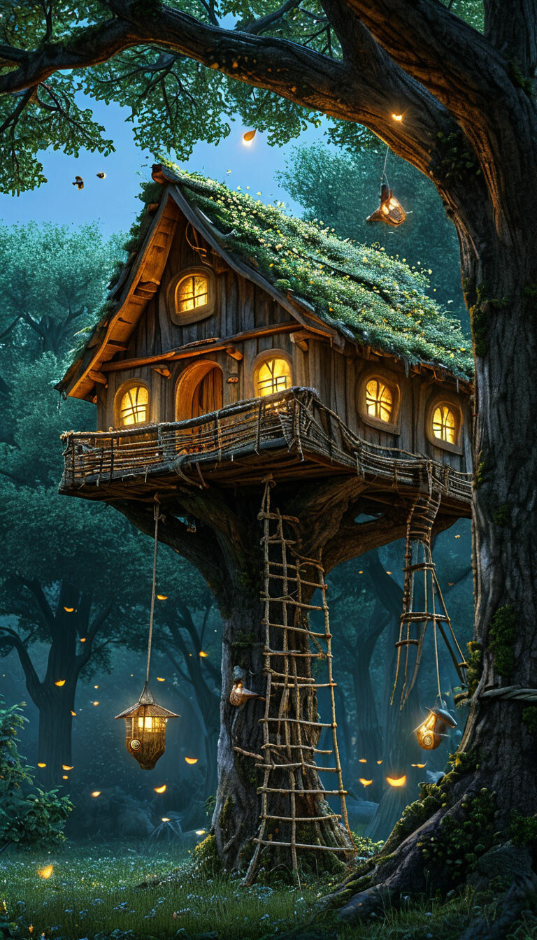 A large human nest house.A ladder made of rope leads to it, fireflies ...