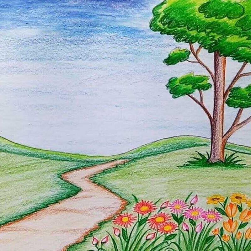 Пейзаж цветными карандашами для детей