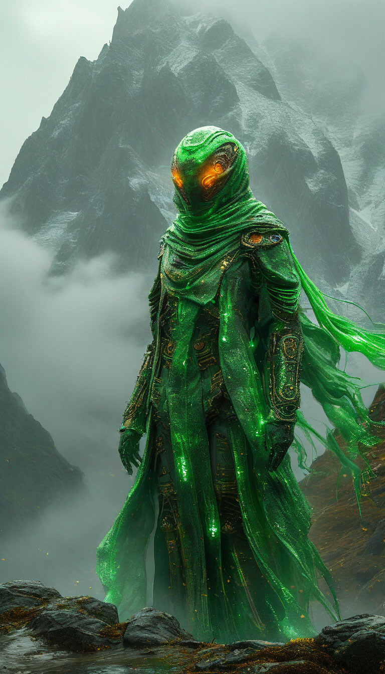 «A digital elemental with burning eyes descends heavily from a misty ...