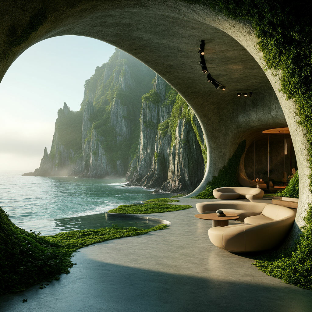 "Bionic-style interior, view of green cliffs in the ocean, light fog ...
