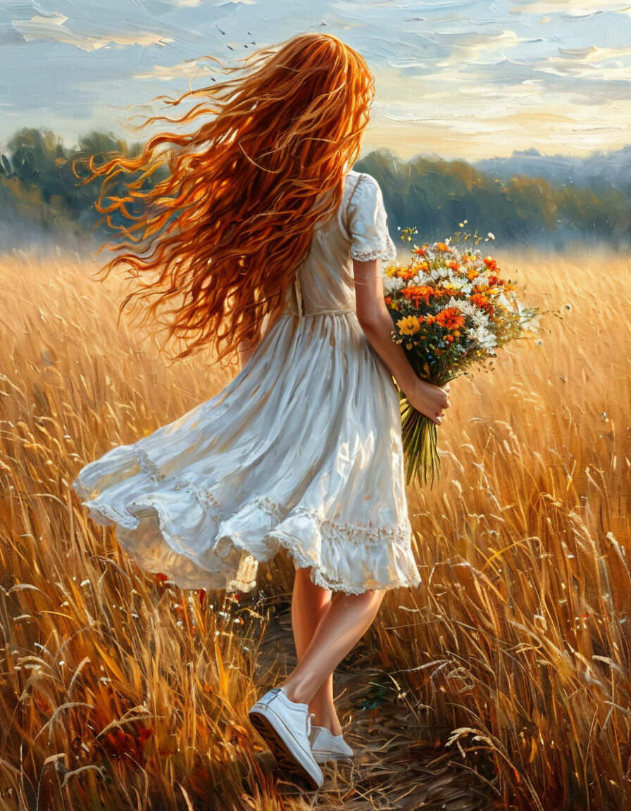 "A girl with wavy red long hair in an unusual hairstyle, walking ...