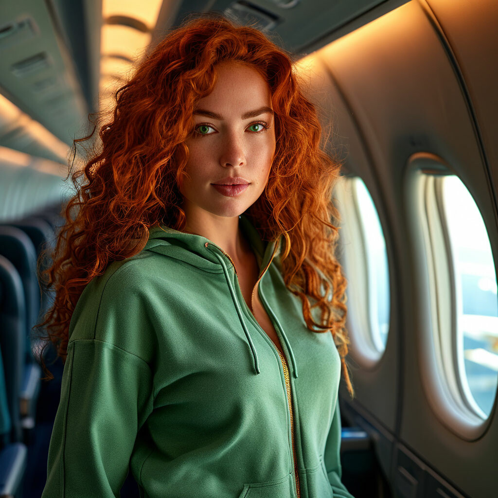 кудрявая, рыжеволосая женщина, с зелёными глазами, полный рост, стоит в салоне, в спортивном костюме на борту самолета, чётко, ярко, 8к