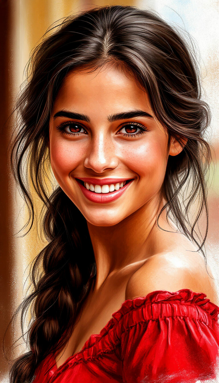 "Digital painting+pencil drawing beautiful Spanish girl, inviting smile