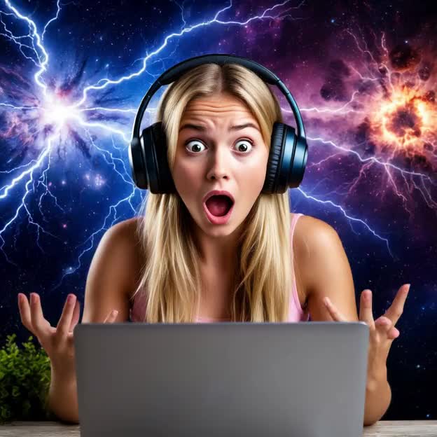 человек в наушниках удивленно смотрит на экран ноутбука