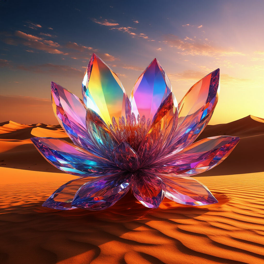 "A huge crystal flower growing in the middle of the desert at sunset ...