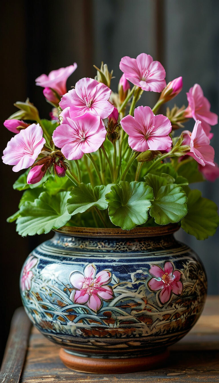 «Blooming pink small dandelion geranium in a beautiful Japanese pot ...