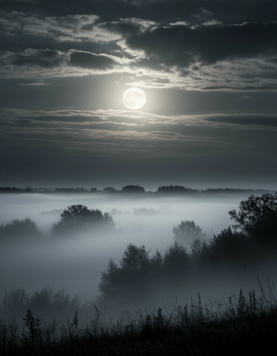 «Scattered fog. Gray-white tones. Shades. Dark. Night. Pale dim moon ...