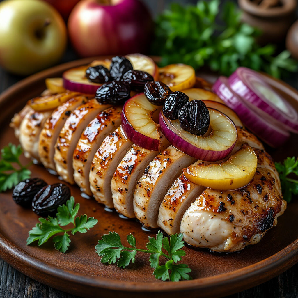 Куриное филе с луком, яблоками и сухофруктами (в духовке)