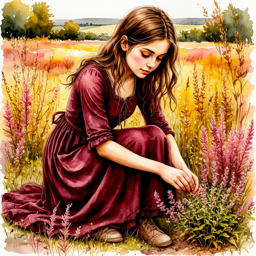 девушка 18 лет, шатенка, серые глаза, акварель, лессировка, в длинном темно-красном платье, простые туфельки, собирает травы на лугу, желто-розовая растительность