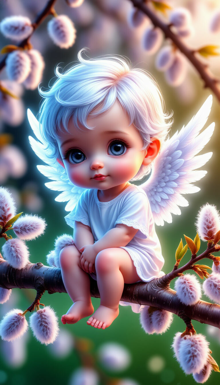 línea continua de neón del contorno del bebé ángel Chibi lindo, sentado en una hermosa rama de sauce con capullos esponjosos, contornos de neón blanco resplandor blanco, contorno blanco, gráficos …