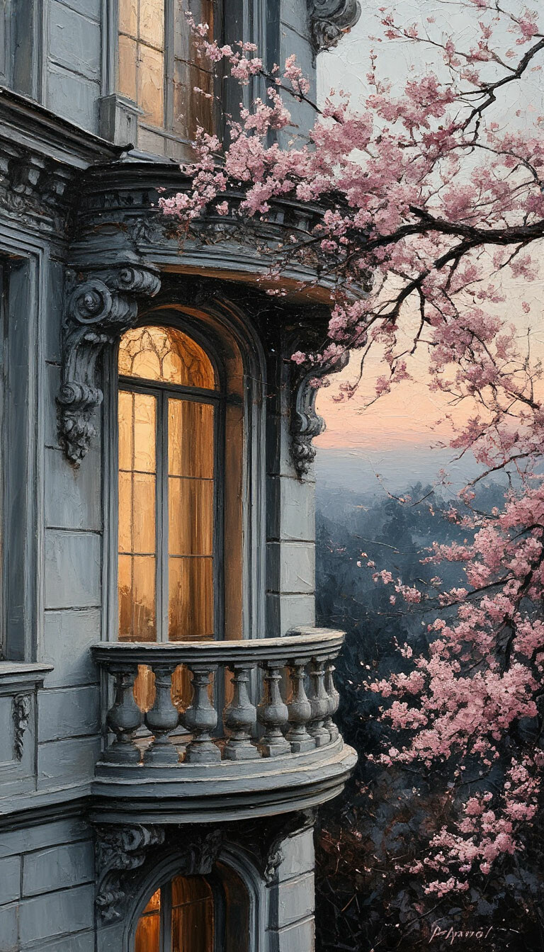 живопись, текстура, на сером, воздушно, природа, тонко, угол особняка, винтаж, закругленный балкон, свет в окне, сумерки, витиевато, цветущая черемуха, ветви, изгиб, Endre Penovac, Бенуа, EJ …