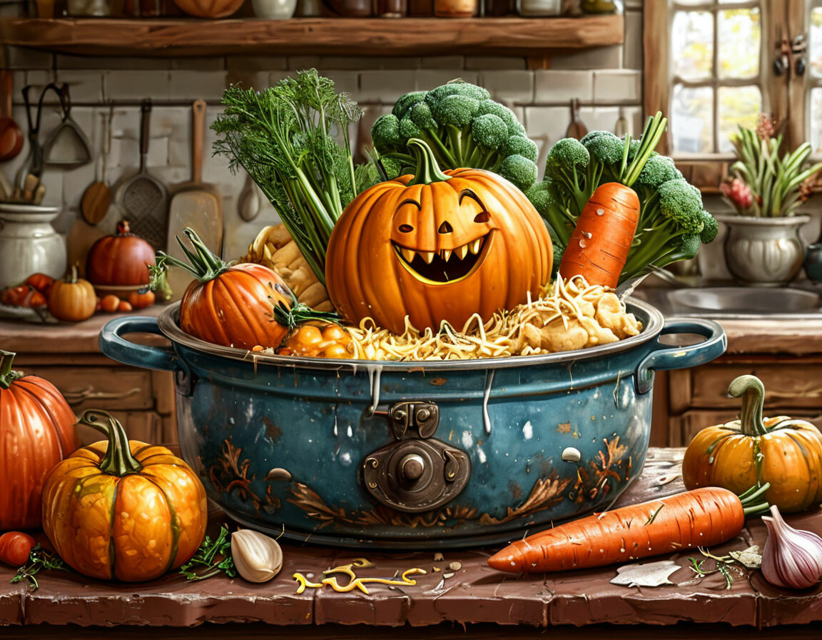 Овощи: тыкыва, морковь, чеснок и сыр запрыгивают в катрюлю на заднем фоне деревенская кухня и курица рисунок, мультик, гротеск 3D дисней