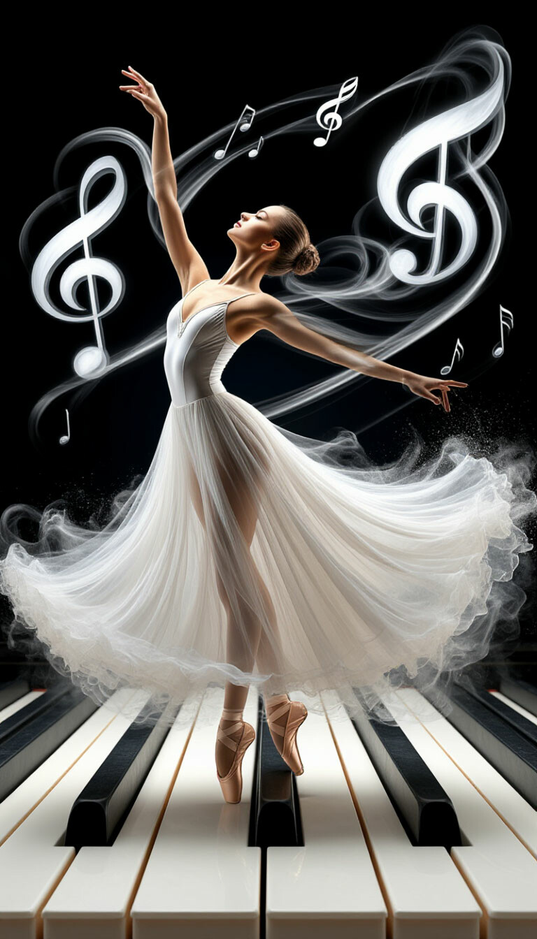 «Create an image of a ballet dancer in a long, flowing white gown ...