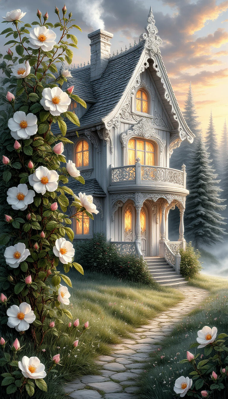 . . . Высокий куст шиповника с крупными белыми цветочками слева, на серо зелёной траве стоит волшебный белый резной витой домик с резными узорами, свет в окнах, дорожка к домику, серо зелёные ели на…