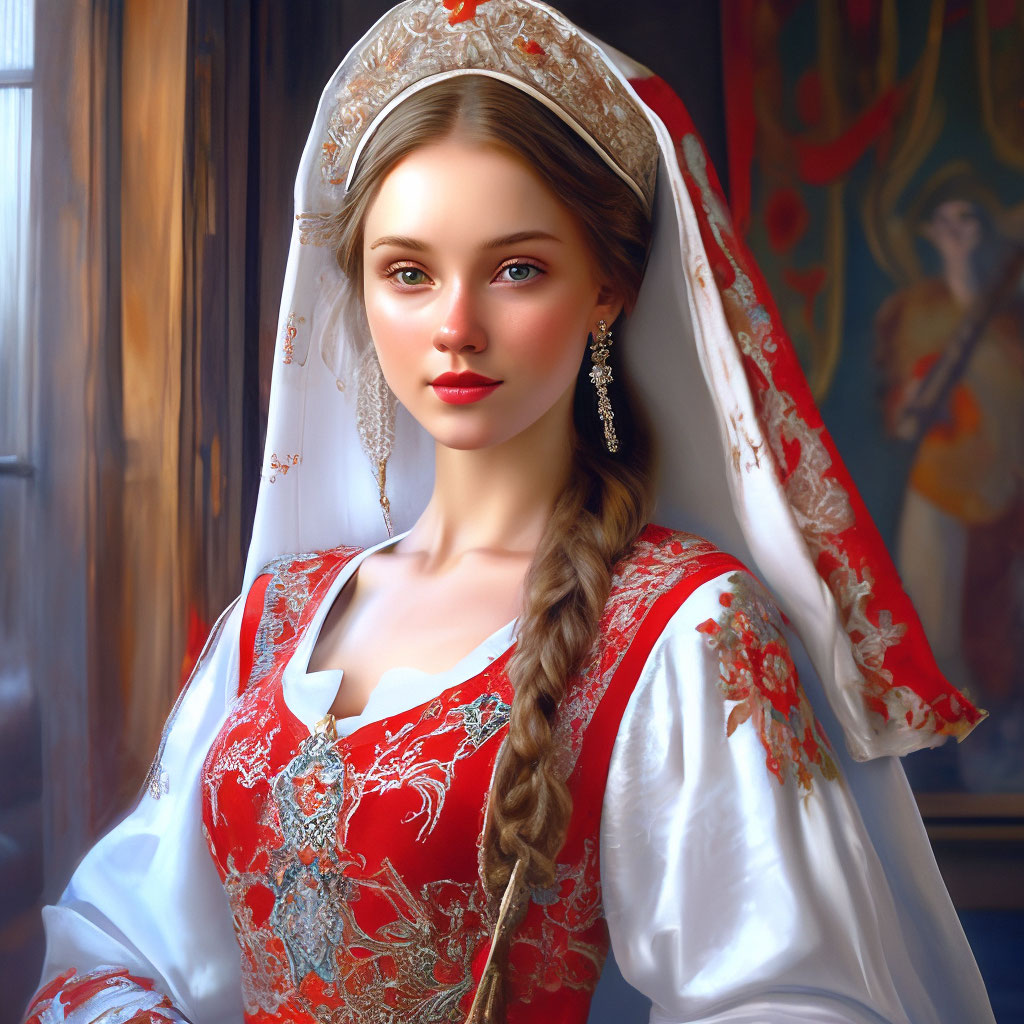 Wedding dress of ancient Russia a beautiful girl in a spacious white shirt  with wide sleeves embroidered with "  image created in Shedevrum
