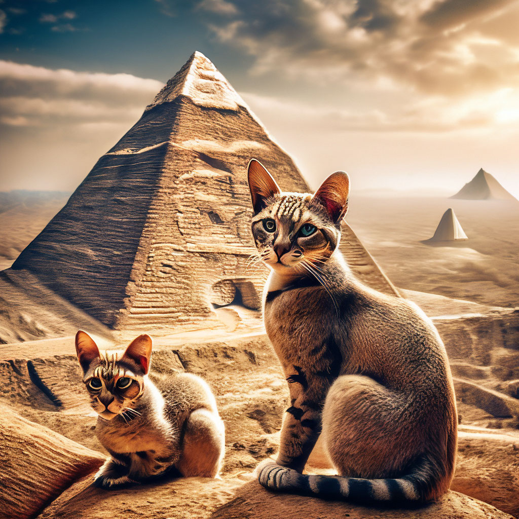 Египетские коты на фоне Пирамид.» — создано в Шедевруме