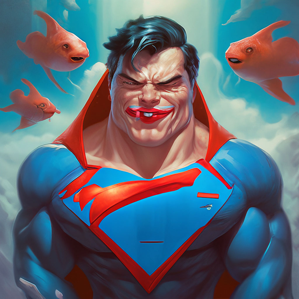 Супермен с лицом рыбы-капли с …» — создано в Шедевруме