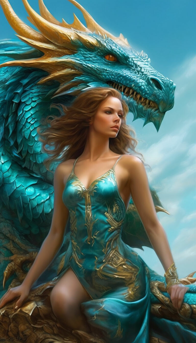 ". in the style of Boris Vallejo, a dragon in turquoise and gold tones ...