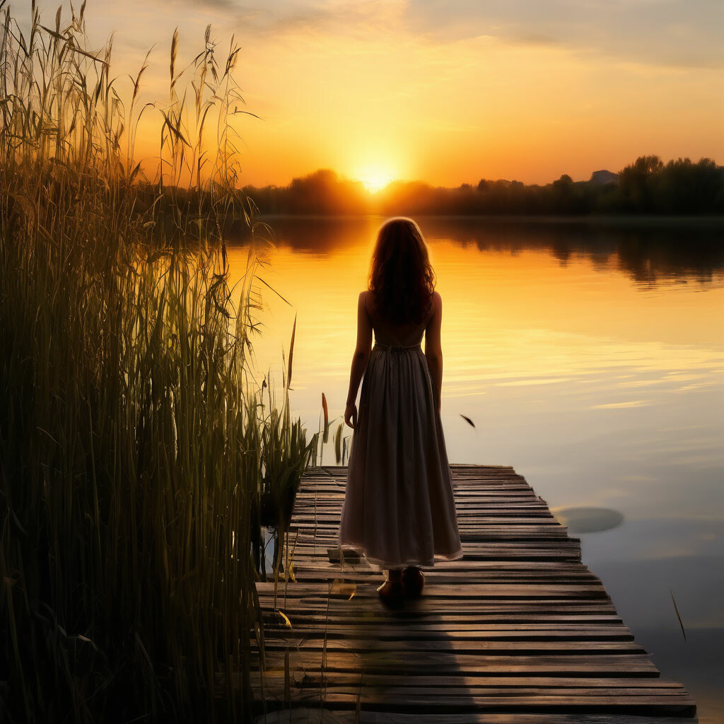 "A girl on the bridge, a lake with reeds in a golden sunset, a young ...