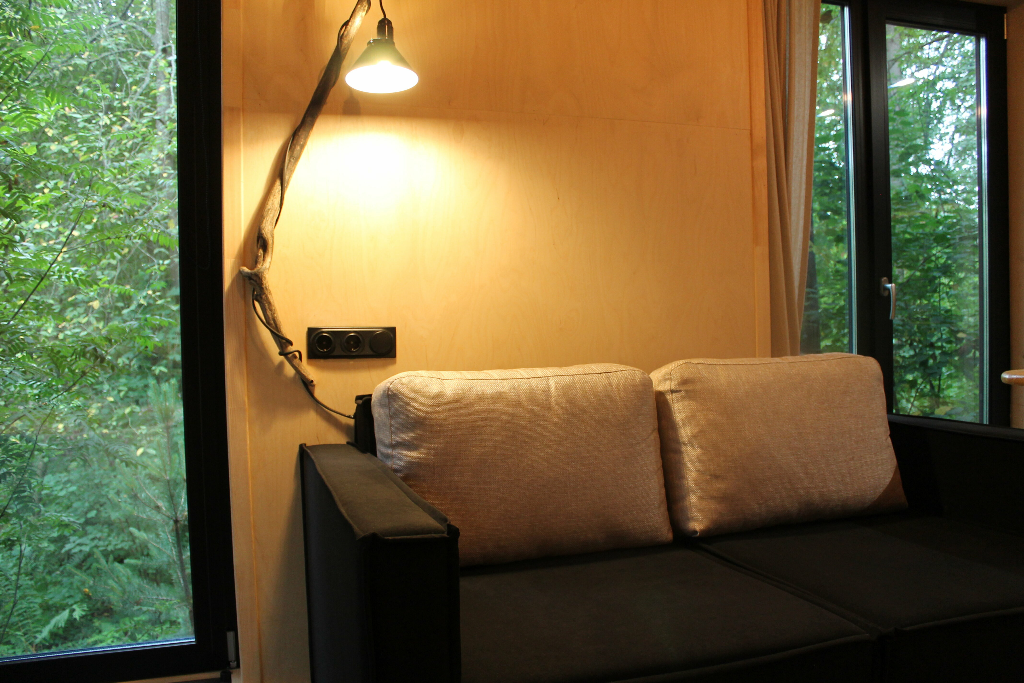 дом в лесу с ванной у панорамных окон