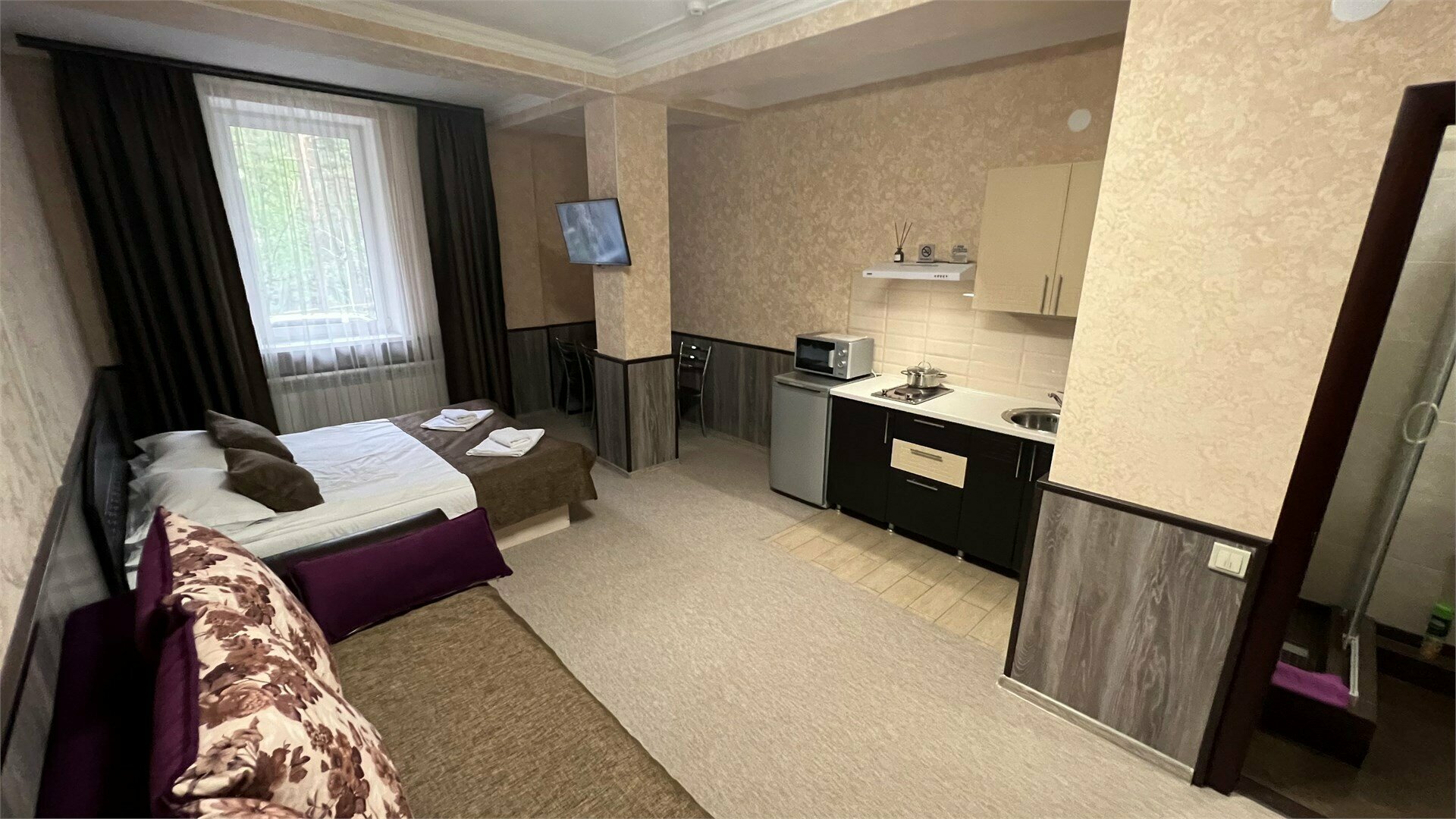 Студия трехместная с двуспальной кроватью и диваном