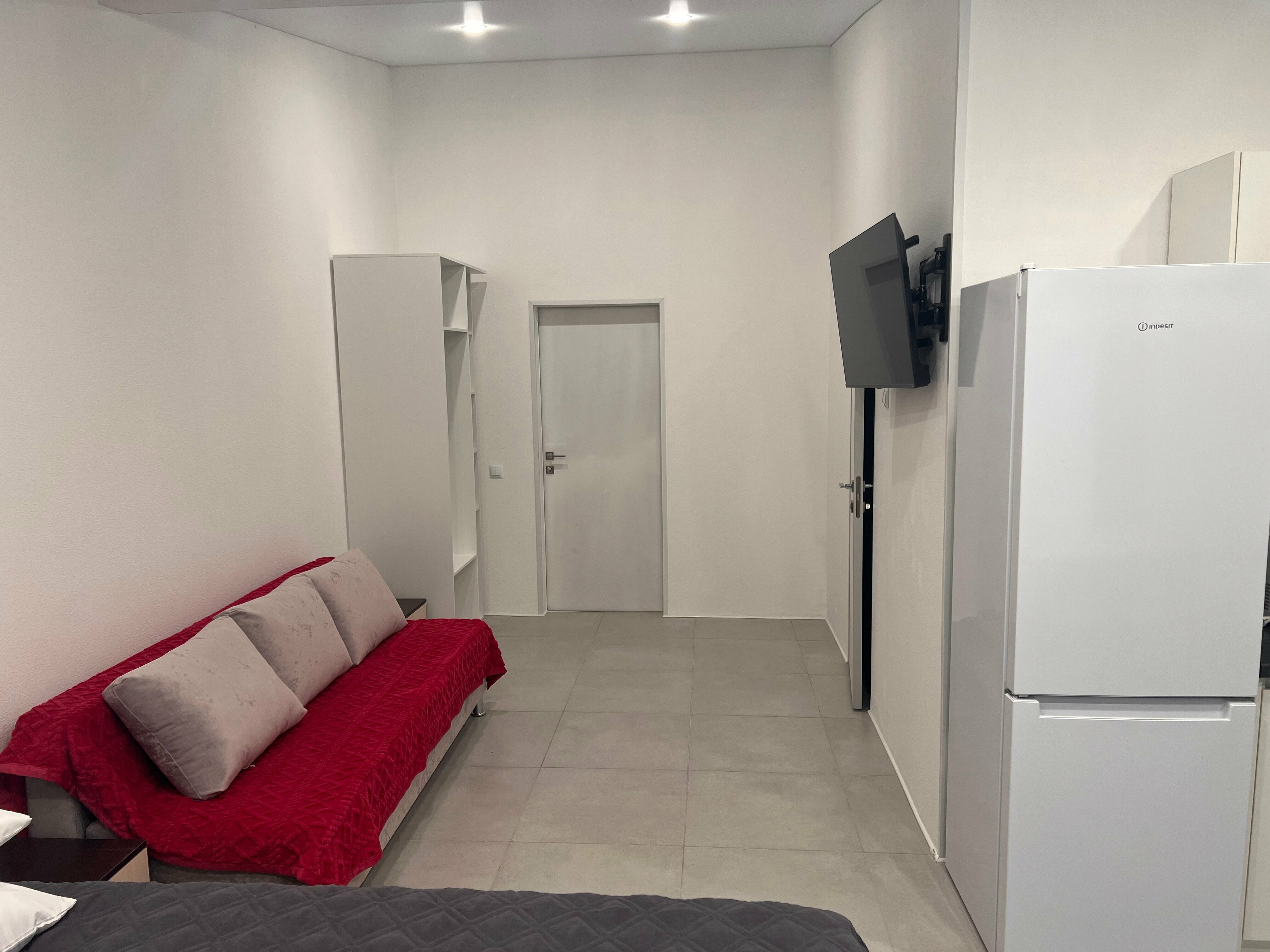 Современная трехместная студия (апартаменты) с двуспальной кроватью king-size, раскладным диваном, своей кухней и ванной комнатой