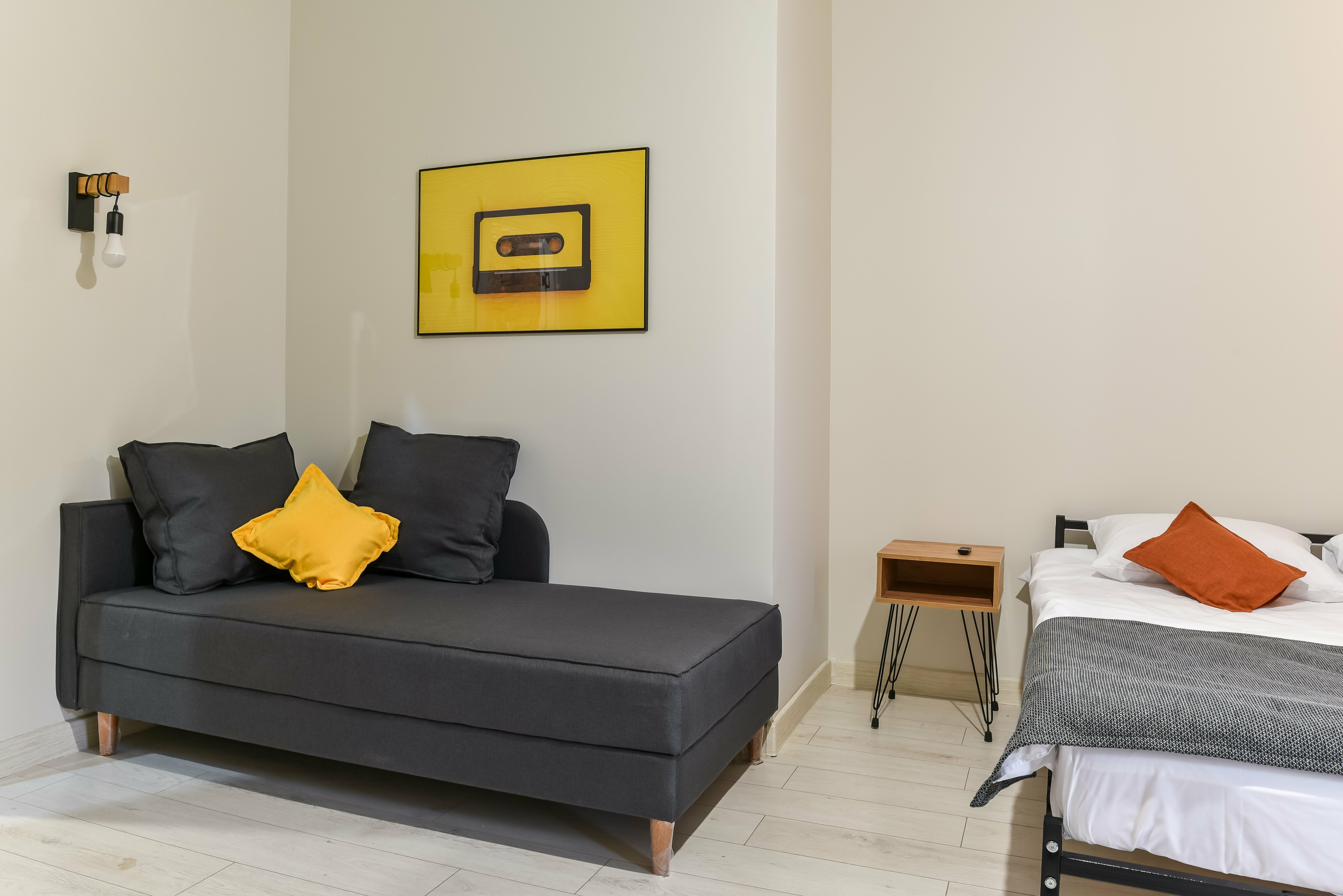 Семейный номер с двуспальной кроватью и диваном с общей ванной комнатой (макс 3 чел.)