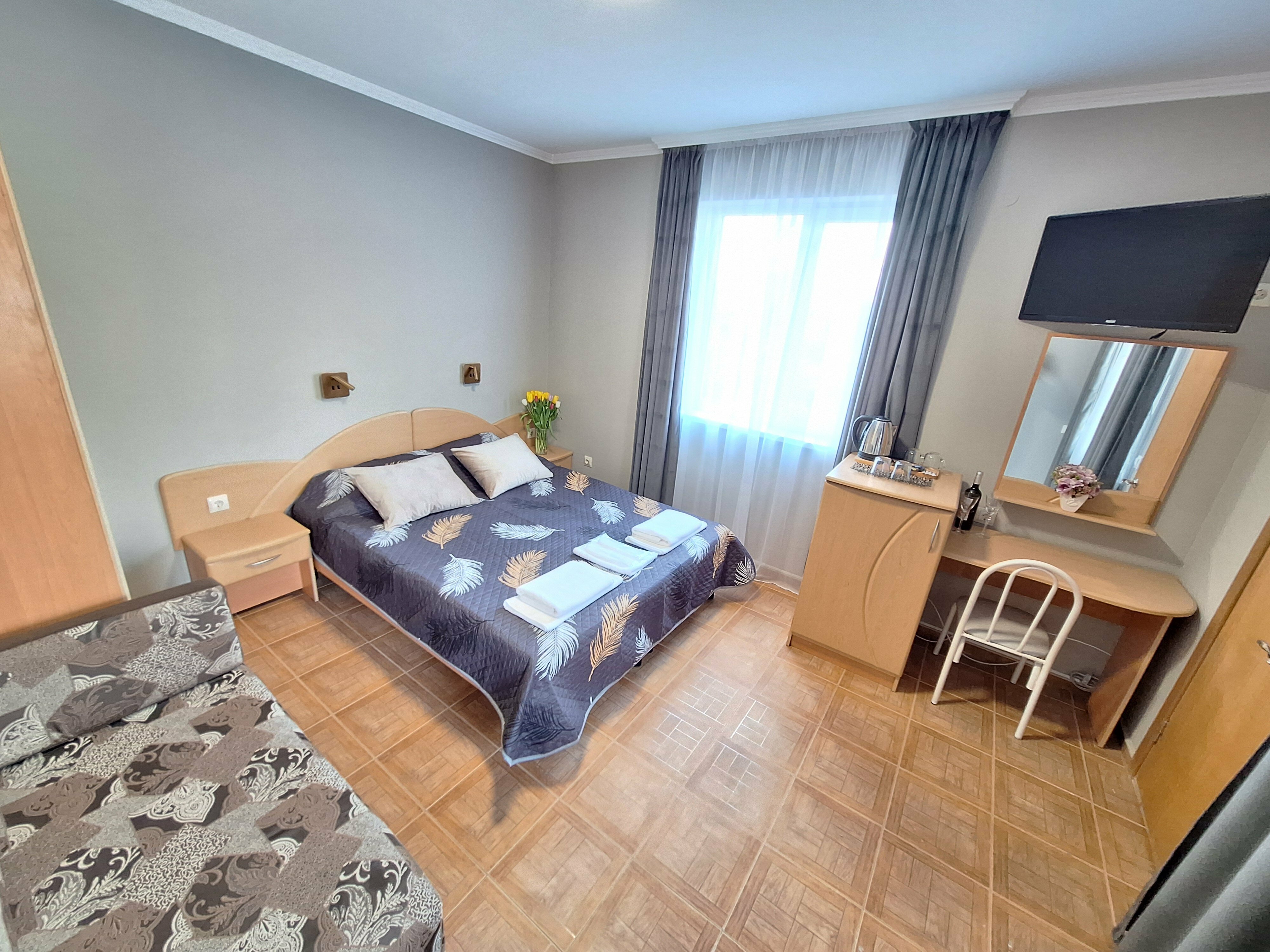 «ГОРОД» СТАНДАРТНЫЙ ТРЕХМЕСТНЫЙ НОМЕР С  ДВУСПАЛЬНОЙ КРОВАТЬЮ,  ОДНОСПАЛЬНЫМ ДИВАНОМ