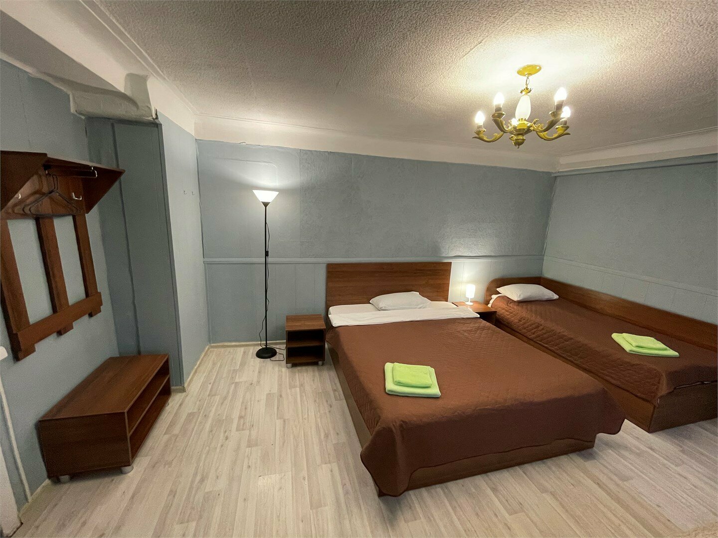 3-местный номер стандарт с 1 односпальной и 1 двуспальной кроватью. Общая ванная комната